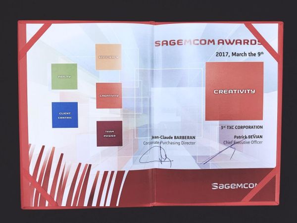 SAGEMCOM 优良供应商荣誉证书